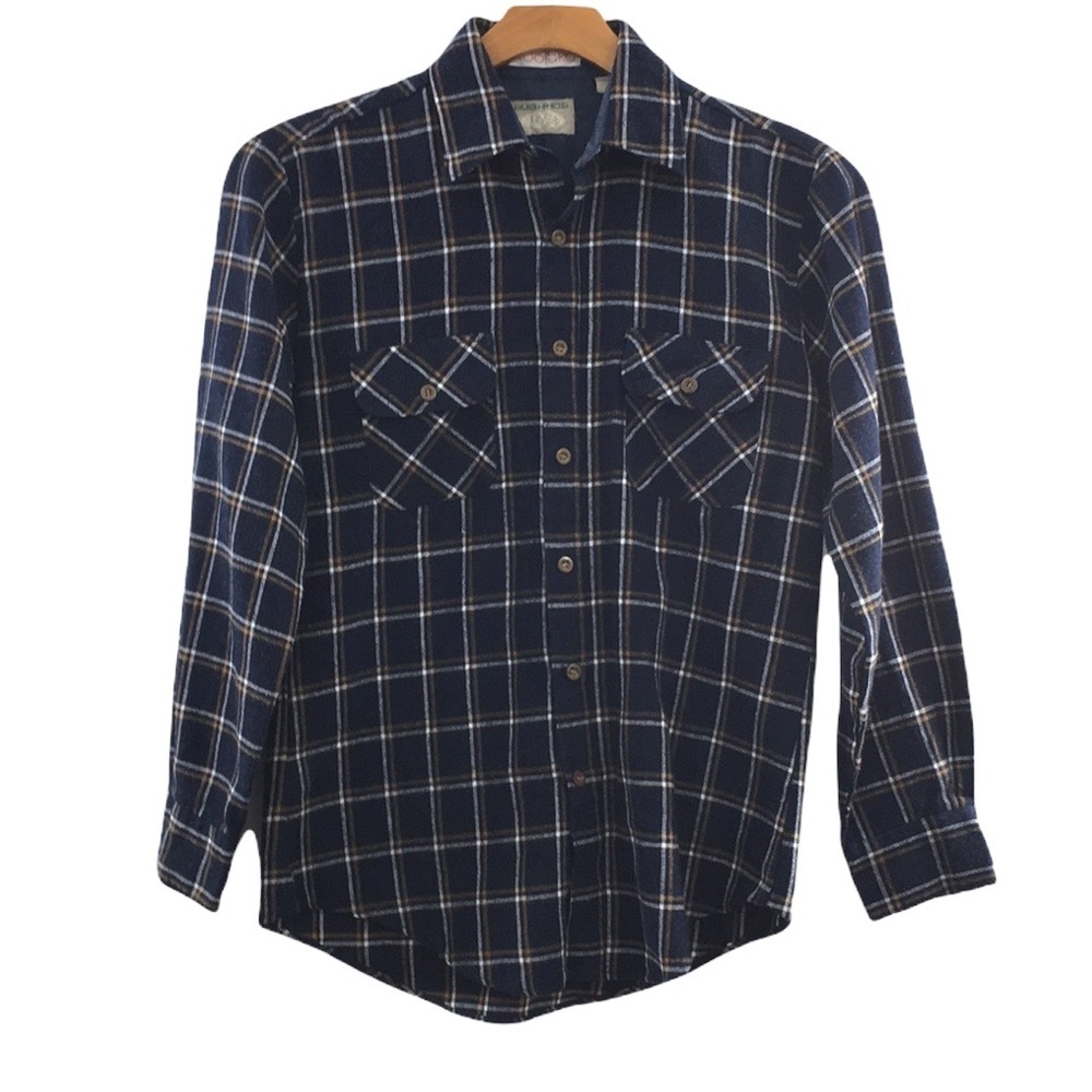 Bush Hog Vintage Navy Tan Plaid Button Up Shirt Jacket Mens 15.5 Med Long Sleeve